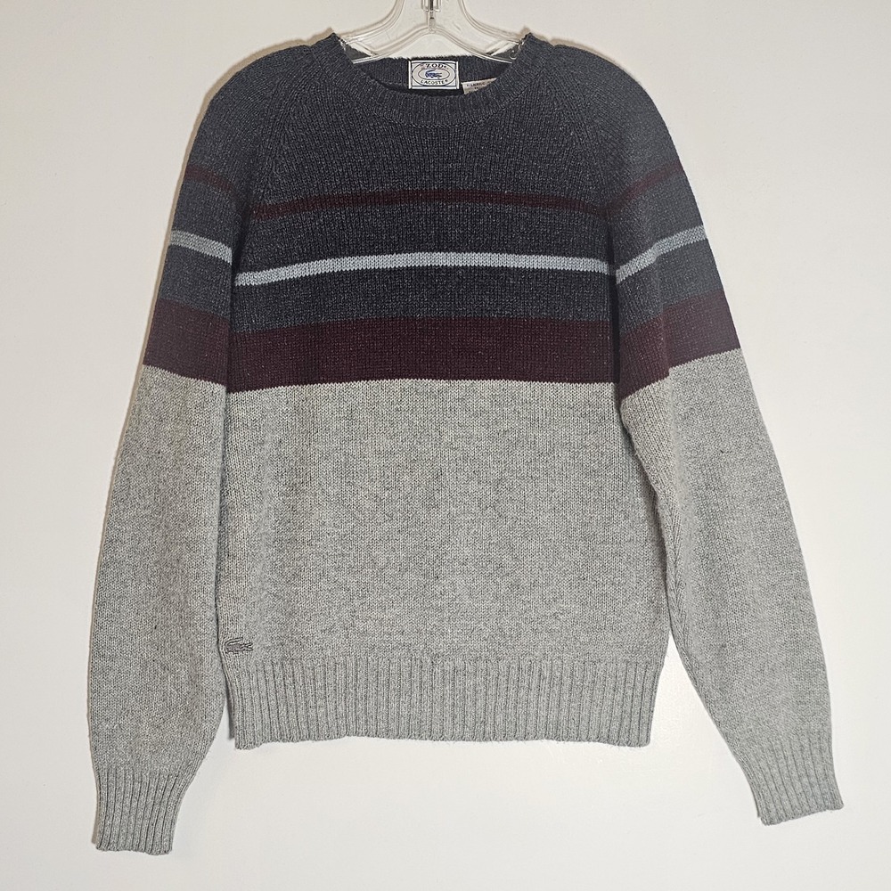 Izod Lacoste Sweater Mens Large Gray Stripe Crewneck Pullover 70s 80s Hong Kong